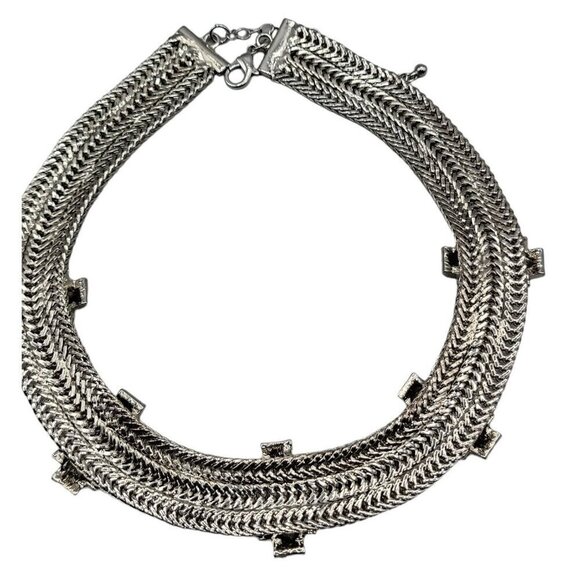 Silver Tone Mesh Collar Necklace Rhinestone Studded Woven 18" Chain - Picture 12 of 15